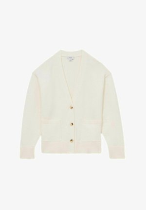 Cream cardigan with a V-neck, three buttons, two pockets, and ribbed cuffs. Made from soft material, featuring a smooth texture.