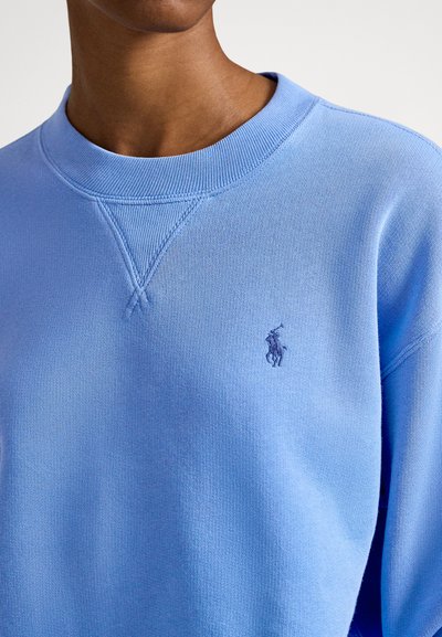 Sweatshirt azul claro em algodão com decote redondo e punhos canelados. Apresenta um pequeno logótipo bordado azul escuro no peito.