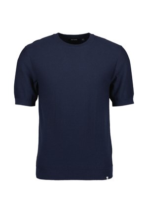 Donkerblauwe gebreide trui met korte mouwen, ronde hals en ribgebreide zoom en mouwboorden, maat medium.