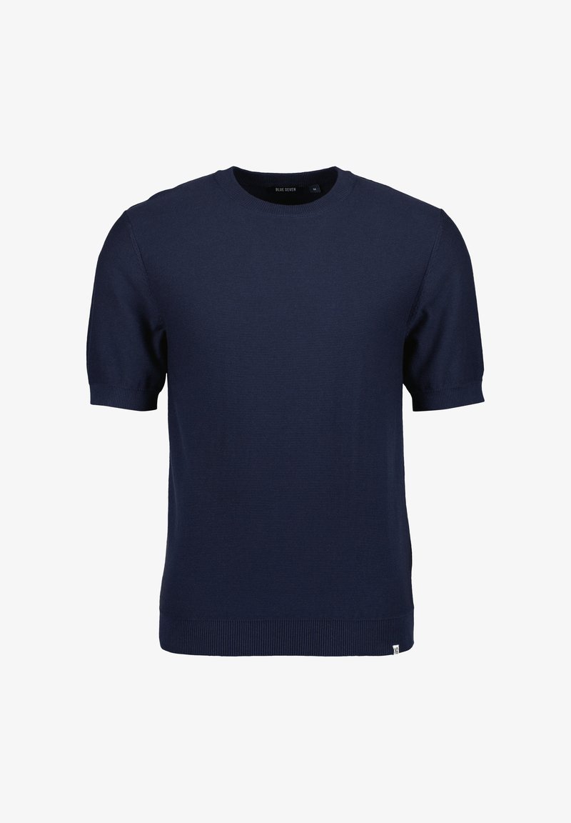 Pull en tricot bleu marine à manches courtes, col rond, avec ourlet et poignets côtelés, taille moyenne.