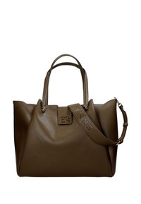 Borsa a tote in pelle marrone con manici superiori doppi e una tracolla rimovibile. Presenta un dettaglio del logo sul davanti e una finitura testurizzata.
