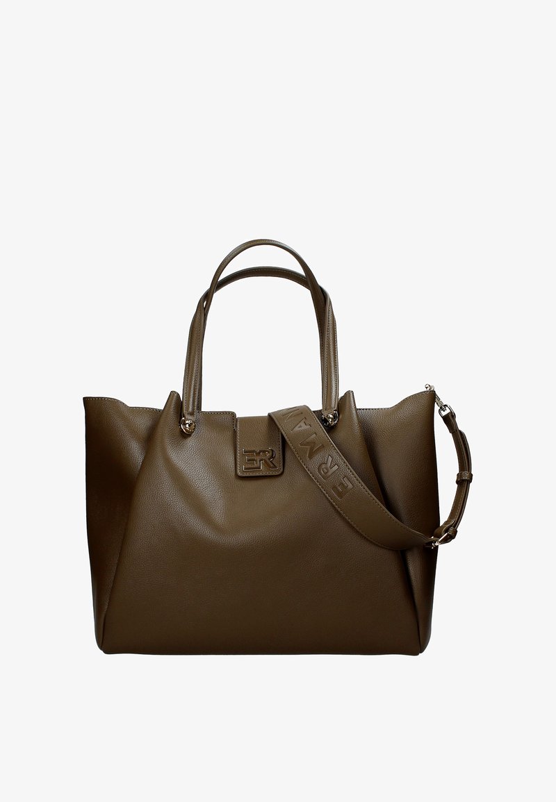 Borsa a tote in pelle marrone con manici superiori doppi e una tracolla rimovibile. Presenta un dettaglio del logo sul davanti e una finitura testurizzata.