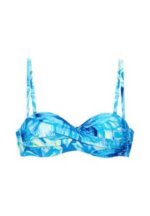 Blue floral bikini top with adjustable straps and lightly ruched detailing on the cups and sides.