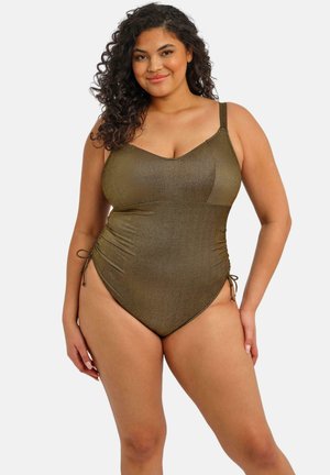 Maillot de bain une pièce vert olive brillant avec un décolleté en V, des bretelles réglables et un détail froncé sur les côtés.