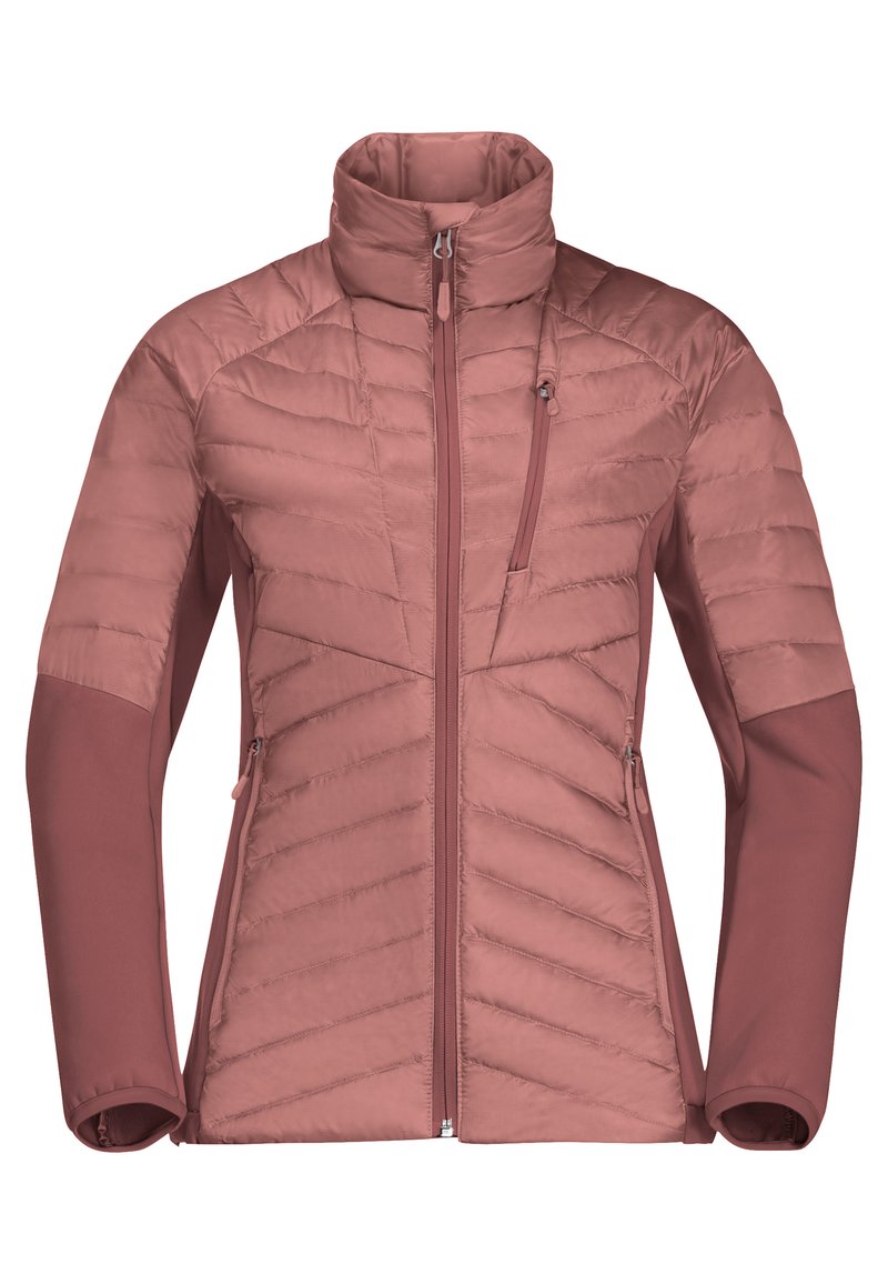 Gepolsterte Jacke in staubigem Rosa mit hohem Kragen. Verfügt über eine gesteppte Textur im Körper, glatte Ärmel und seitliche Reißverschlusstaschen.