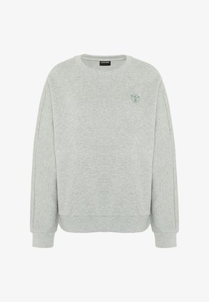 Gray sweatshirt made from soft fabric, featuring a crew neckline, long sleeves, ribbed cuffs, and a small green logo on the chest.