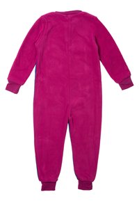 Tuta in pile di un brillante colore rosa con maniche lunghe, polsini a coste e dettagli laterali blu. Tessuto morbido e design completo sul retro.