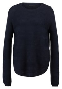 Mörkblå stickad tröja med långa ärmar, rund halsringning och strukturerade horisontella ränder; mjukt tyg med en avslappnad passform och böjd nederkant.