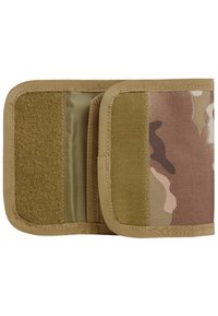 Camouflage wallet made of durable fabric. Features khaki and brown color scheme, velcro accents, and a bi-fold design with interior compartments.