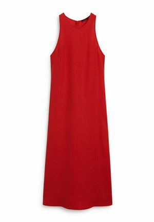 Sleeveless red midi dress with high neckline and back zipper closure, made from lightweight fabric.