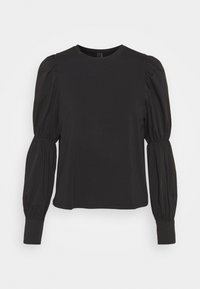 Blusa nera a maniche lunghe con spalle a palloncino e maniche arricciate che terminano in polsini aderenti, esposta su uno sfondo bianco semplice.