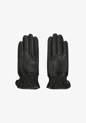 Czarne skórzane rękawiczki o teksturowym wykończeniu, z pięcioma palcami i marszczonym nadgarstkiem dla odpowiedniego dopasowania.