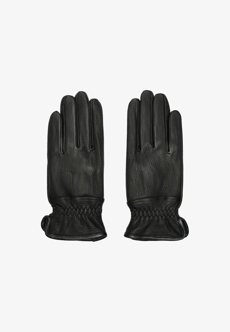 Czarne skórzane rękawiczki o teksturowym wykończeniu, z pięcioma palcami i marszczonym nadgarstkiem dla odpowiedniego dopasowania.