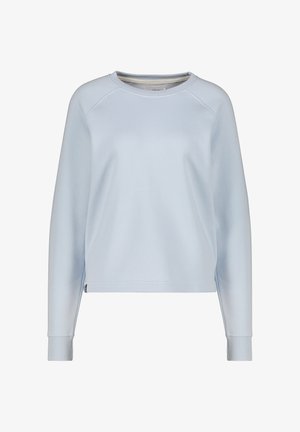 Sweatshirt bleu clair avec un col rond, des manches raglan et des poignets côtelés. Tissu doux avec une texture lisse, présentant un ourlet droit.