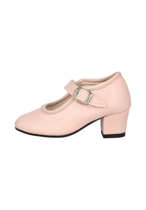 Zapato Mary Jane rosa claro con tacón de bloque y correa con hebilla plateada, mostrado desde el lado interior sobre un fondo blanco.