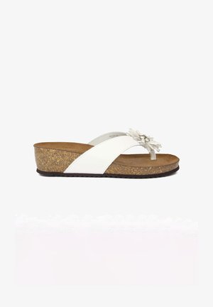 Sandalo con zeppa bianca con suola in sughero e infradito, caratterizzato da un fiore bianco con dettagli in strass sulla fascia.
