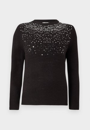 Black sweater with long sleeves and a crew neckline. Upper part embellished with a gradient of black and silver sequins. Soft texture.