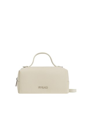 Kleine beige rechteckige Ledertasche mit Tragegriff oben, Reißverschluss und „RYŁKO“-Logo auf der Vorderseite.