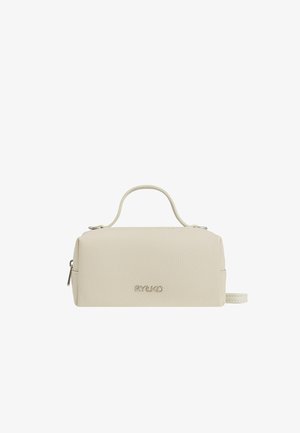 Kleine beige rechteckige Ledertasche mit Tragegriff oben, Reißverschluss und „RYŁKO“-Logo auf der Vorderseite.