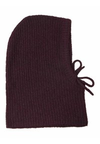 Balaclava en tricot bordeaux avec une texture côtelée, un sommet arrondi et des fermetures à nouer de chaque côté, conçue pour la chaleur et la couverture.