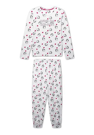 Set di pigiama per bambini bianchi con maglietta a maniche lunghe e pantaloni. Il design presenta motivi di pinguini e cuori rossi, con il testo "FELICE GIORNATA DI GHIACCIO!"