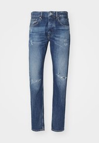 Denimjeans i mellemblå med let falming, slidte detaljer på knæene, straight-leg design og klassisk fem-lomme-stil.