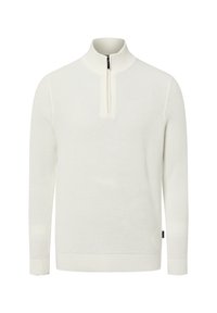 Weißer Pullover mit strukturierter Strickoptik, Stehkragen und einem Viertelreißverschluss. Mit gerippten Bündchen an Ärmeln und Saum.