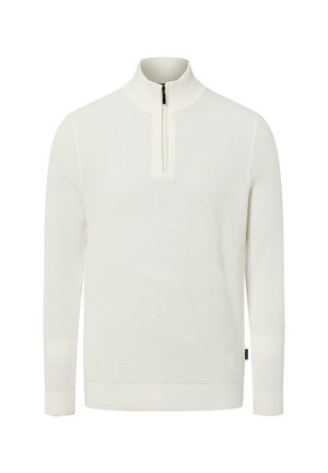 Biały sweter typu pulower z fakturowanym splotem, stójką i suwakiem do ćwiartki długości. Posiada ściągacze na mankietach i dole.