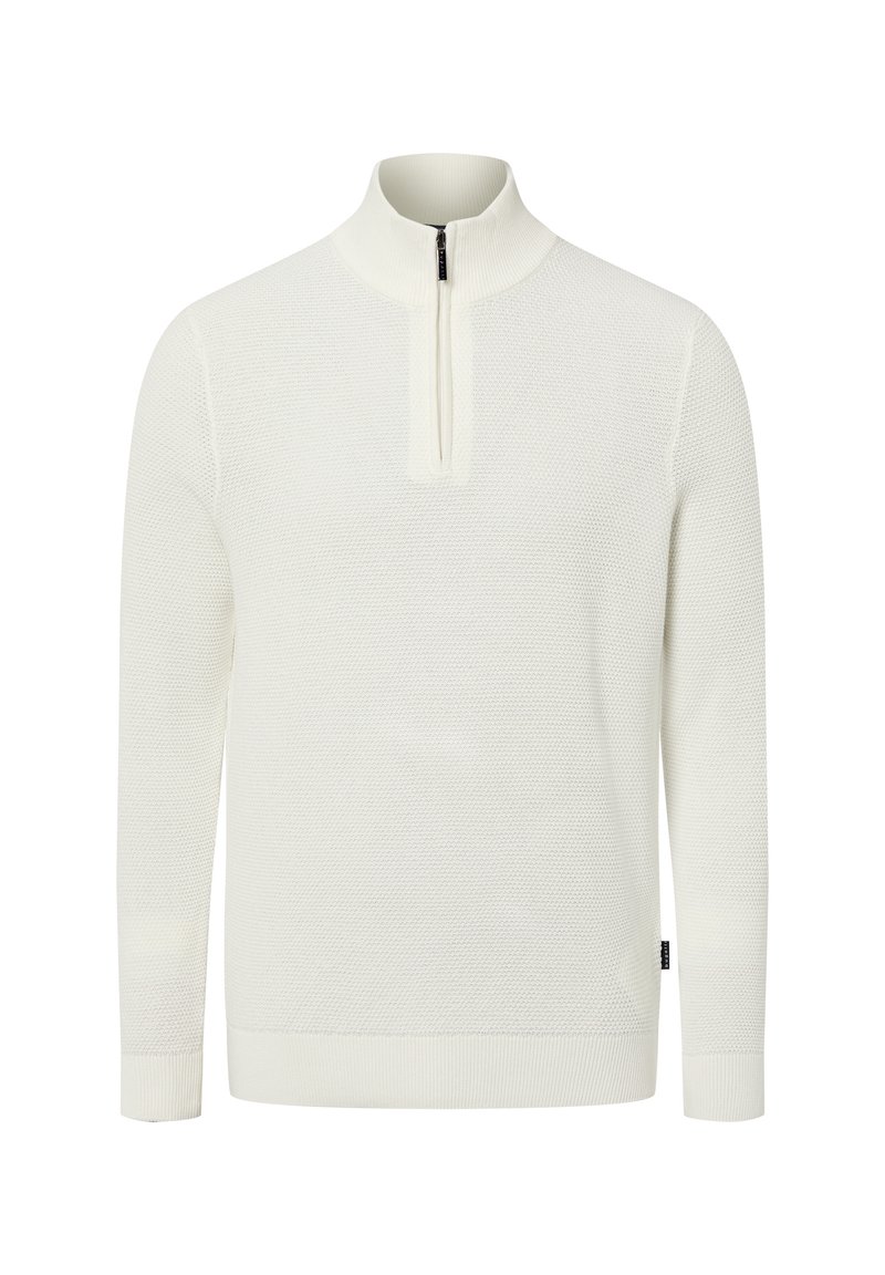 Weißer Pullover mit strukturierter Strickoptik, Stehkragen und einem Viertelreißverschluss. Mit gerippten Bündchen an Ärmeln und Saum.