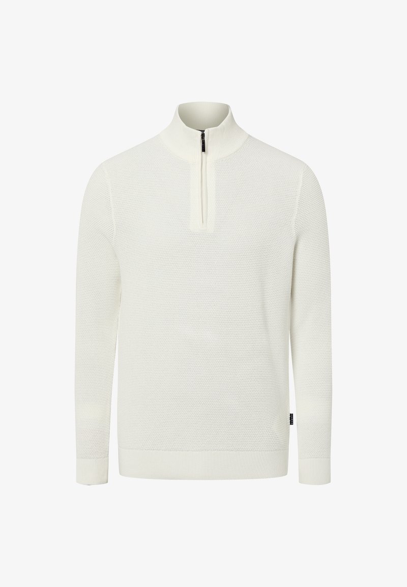 Weißer Pullover mit strukturierter Strickoptik, Stehkragen und einem Viertelreißverschluss. Mit gerippten Bündchen an Ärmeln und Saum.