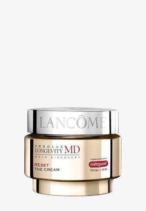 Goldener Lancôme Absolue Longevity MD Reset Gesichtscreme-Tiegel mit silbernem Deckel und Mitopure-Formel-Etikett auf weißem Hintergrund.