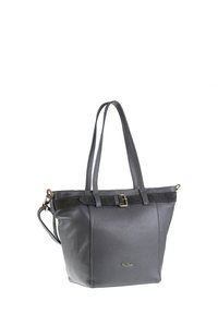 Borsa tote in pelle grigia con superficie testurizzata, doppi manici e dettaglio della fibbia nella parte superiore. Logo con accento dorato.