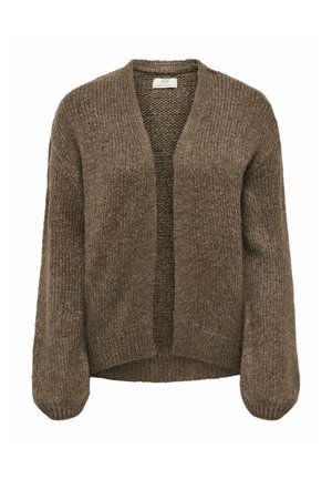 Cardigan marron en maille avec ouverture devant, manches longues et poignets et ourlet côtelés, présenté sans boutons ni fermeture éclair.