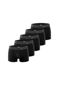 Cinq boxers noirs avec des ceintures de marque "VON DUTCH" disposés en rangée décalée sur un fond blanc.
