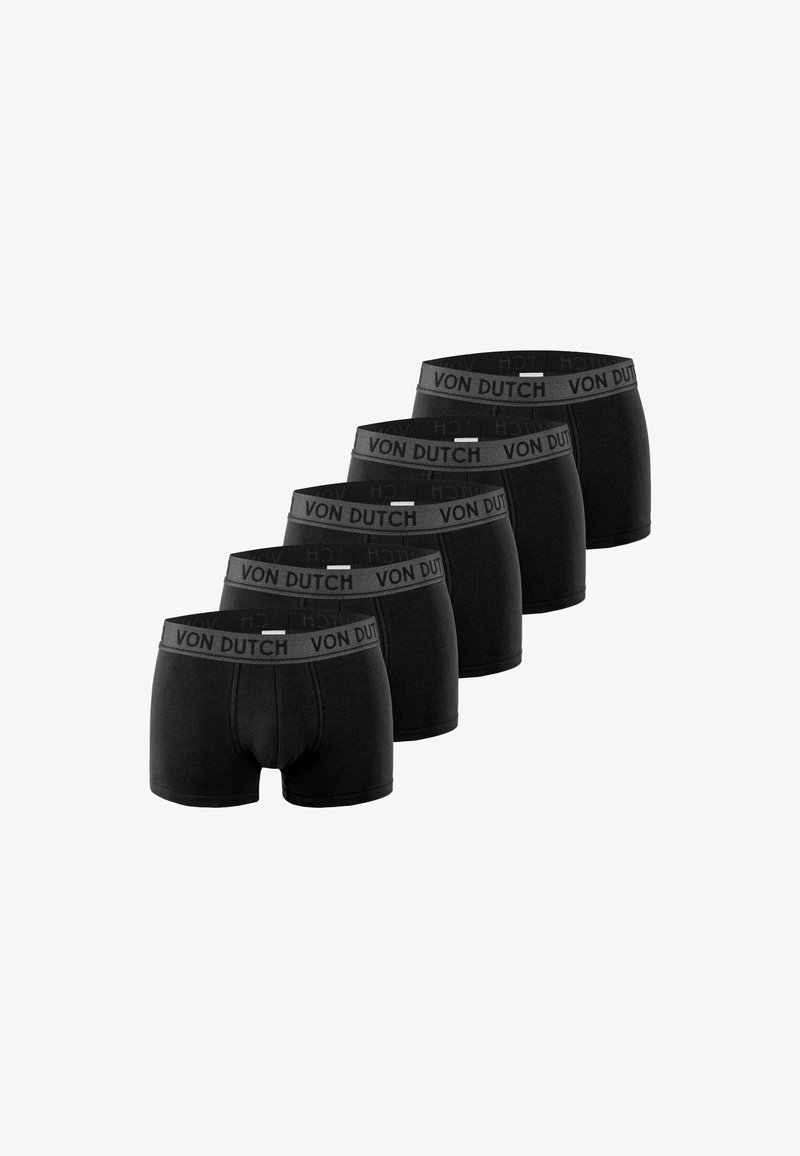 Cinq boxers noirs avec des ceintures de marque "VON DUTCH" disposés en rangée décalée sur un fond blanc.