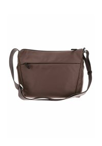 Borsa a spalla in nylon marrone con scomparto principale con zip, tasca frontale piatta e tracolla regolabile. Texture liscia con design snello.