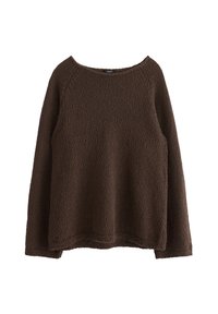 Maglione marrone con texture, collo ampio e maniche lunghe. Il tessuto ha una texture morbida e irregolare e una vestibilità comoda.