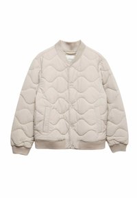Ljus beige kviltad bomberjacka med ribbad krage och muddar, med ett vågmönster, tryckknappar och två sidofickor.