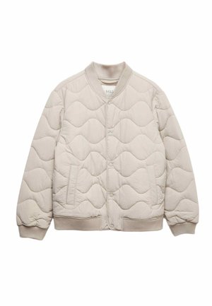 Hellbeige gesteppte Bomberjacke mit geripptem Kragen und Bündchen, im Wellenmuster, mit Druckknöpfen und zwei Seitentaschen.
