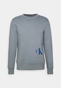 Sweat-shirt gris avec un col rond, des poignets et un ourlet côtelés. Présente un logo "ck" bleu en bas à gauche. Fabriqué à partir d'un tissu doux et texturé.