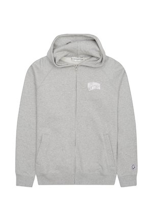 Light gray zip-up hoodie with front pockets, "Billionaire Boys Club" logo on chest, and small astronaut helmet patch on left sleeve cuff.