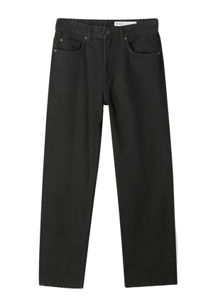 Sorte denim jeans med lige ben, fem lommer, lukning med øverste knap og en glat tekstur. Minimalistisk design uden udsmykninger.