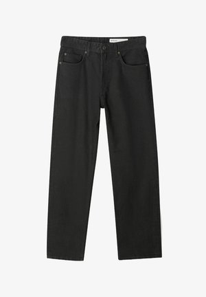 Blugi din denim negru cu croială dreaptă, cinci buzunare, închidere cu buton superior și o textură netedă. Design minimalist fără embellishments.
