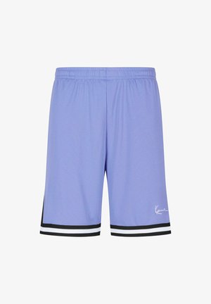 Gaiši purpura sporta šorti ar elastīgu jostasvietu, ar melnbaltiem svītrainiem akcentiem apakšmalā un baltu logotipa detaļu.