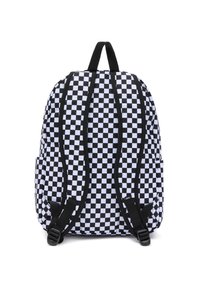 Black and white checkerboard backpack with padded straps, a top handle, and dual side pockets. Made of durable fabric with stitching accents.