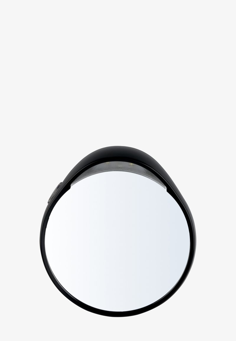 Miroir rond avec un cadre en plastique noir, doté d'une bande lumineuse intégrée sur le dessus, surface en verre lisse et design élégant et minimaliste.