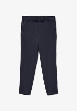 Navyblauwe broek gemaakt van een gladde stof, met taps toelopende pijpen, steekzakken aan de voorkant en omgeslagen zoom bij de enkels. Eenvoudig ontwerp zonder patronen.