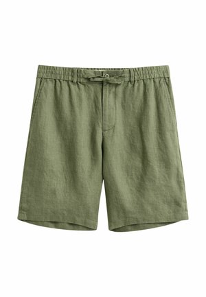 Olijfgroene linnenmix herenshorts met elastische tailleband, verstelbare trekkoord, zijzakken en knoopsluiting.