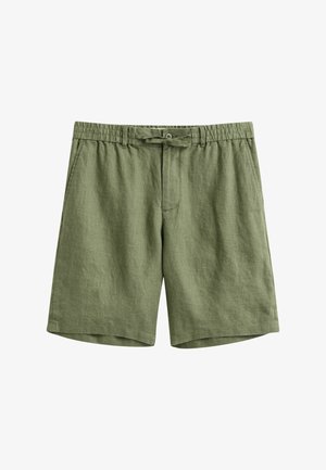 Shorts pour hommes en mélange de lin vert olive avec taille élastique, cordon de serrage ajustable, poches latérales et fermeture à bouton.