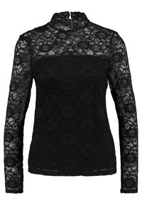 Černý krajkový top s dlouhým rukávem, který má vysoký límec, texturované květinové vzory a slim fit střih. Látka je průsvitná s jemnými detaily.